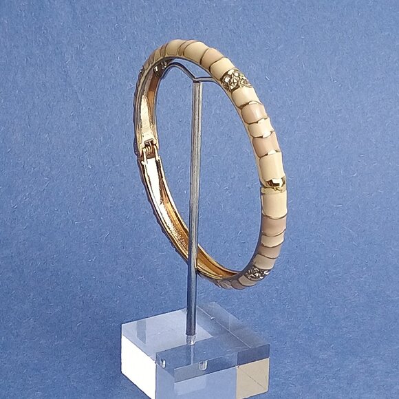 Branch Pattern Rhinestone Cream Tan Enamel Hinge Bangle Skinny Bracelet Casual - Picture 5 of 6